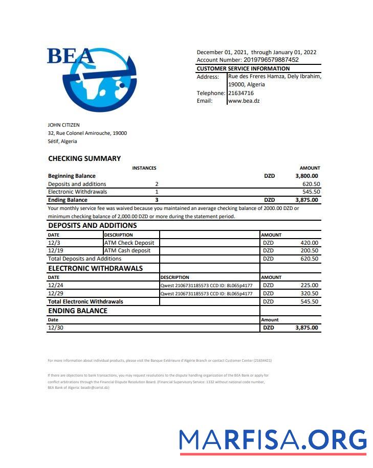 Downloadable Algeria Banque extérieure d’Algérie bank statement excel template